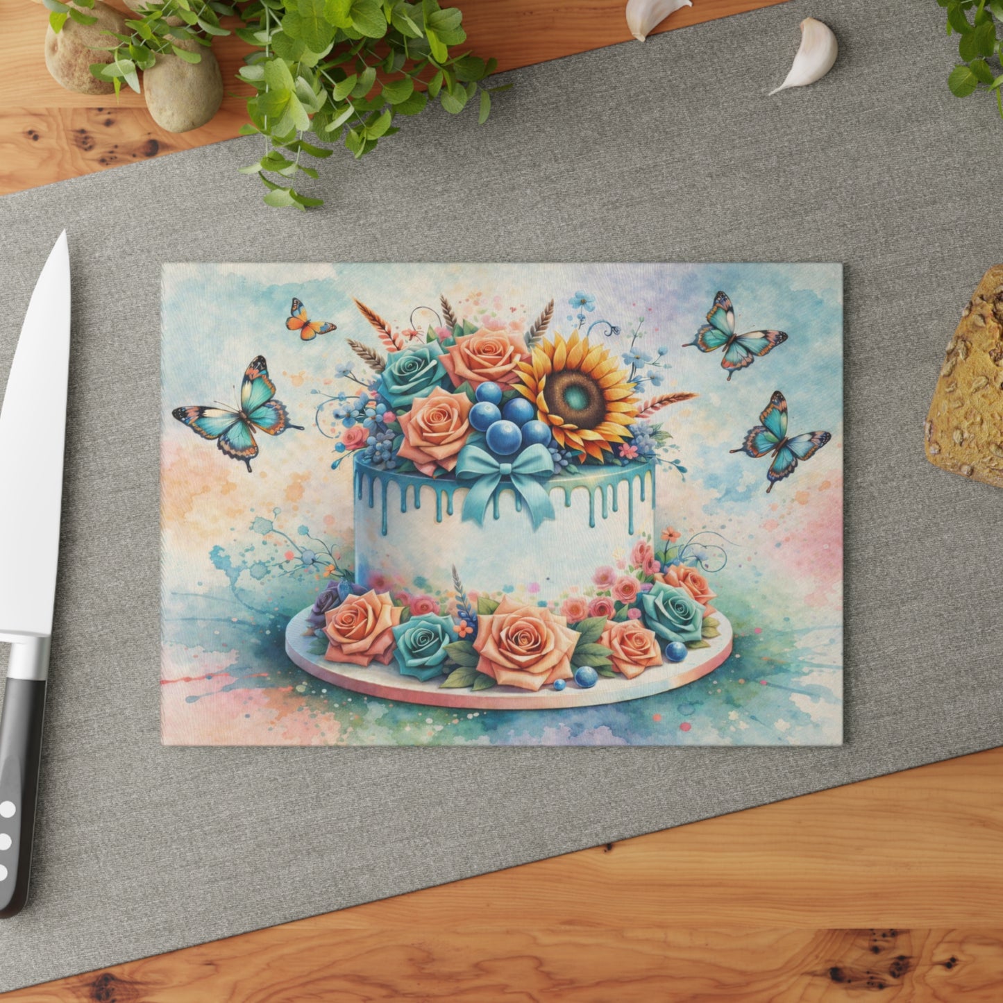 Floral Celebration Cake Glass Cutting Board – Elegant Dessert Kitchen Decor