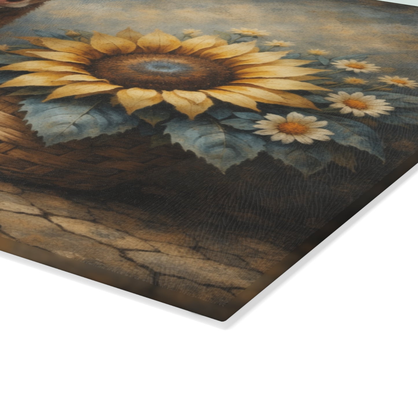 Sunflower Calf Glass Cutting Board – Rustic Farmhouse Kitchen Decor