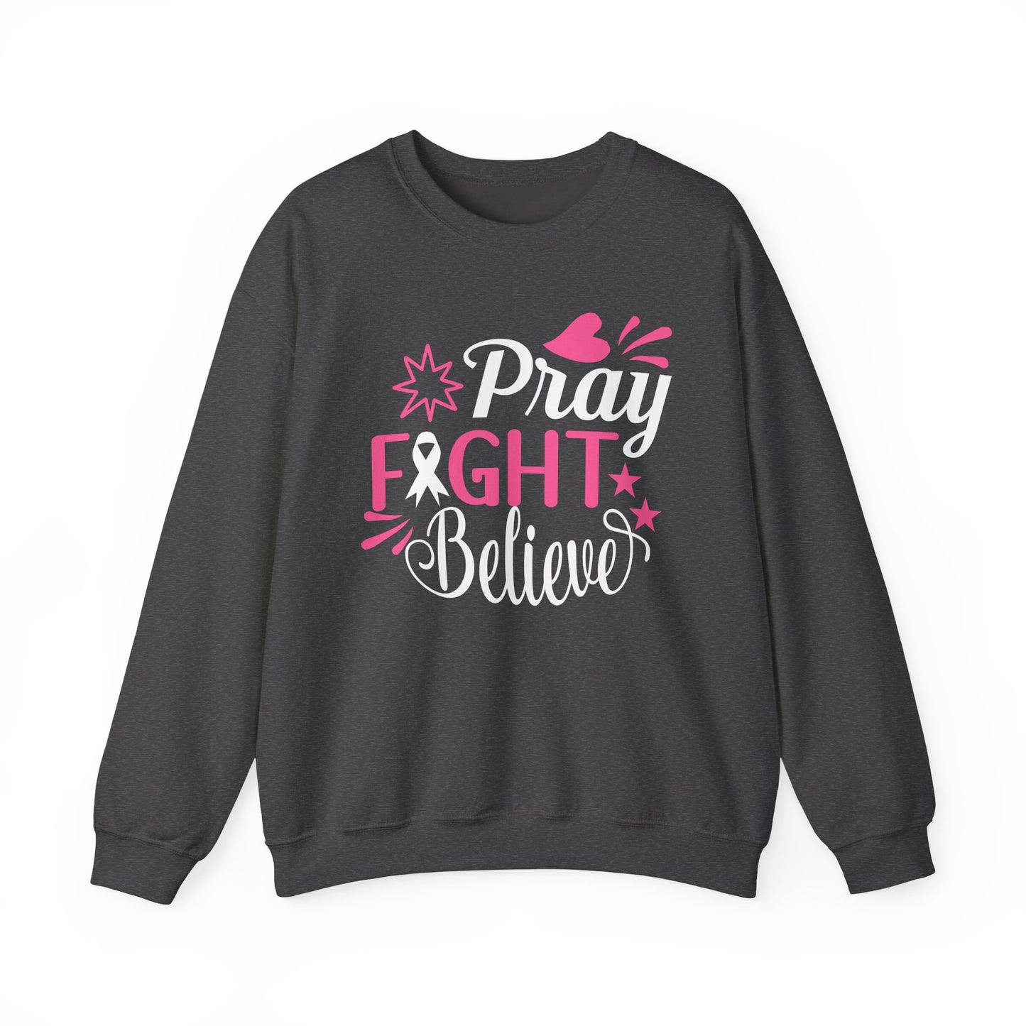 🙏🎀 Pray Fight Believe Sweatshirt – Breast Cancer Awareness & Faith Crewneck