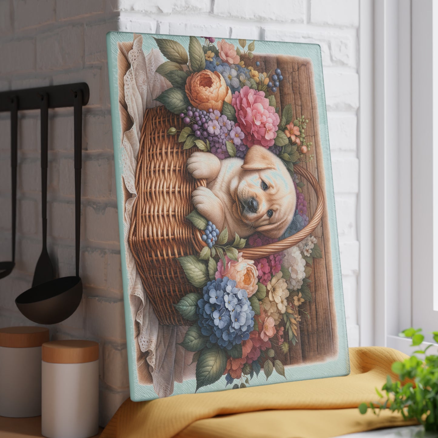 🐾🌸 Light Wood Basket Labrador Puppy Cutting Board – Classic Elegance with Floral Charm 🌼