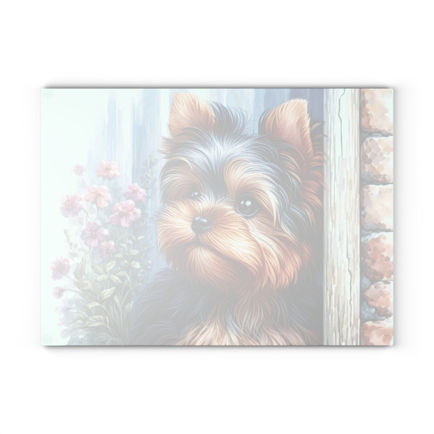 🐾🌸 “Cottage Yorkie Peek” Tempered Glass Board – Sweet Pup & Floral Charm