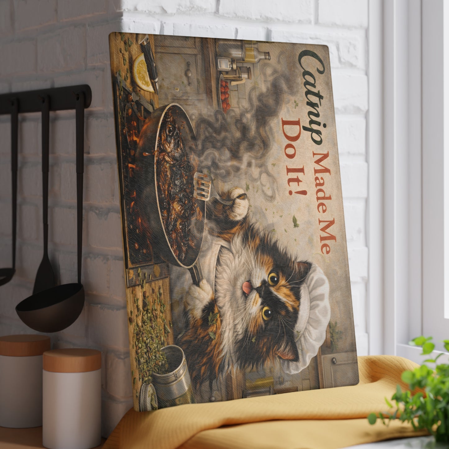 Catnip Made Me Do It Glass Cutting Board – Funny Cat Kitchen Art