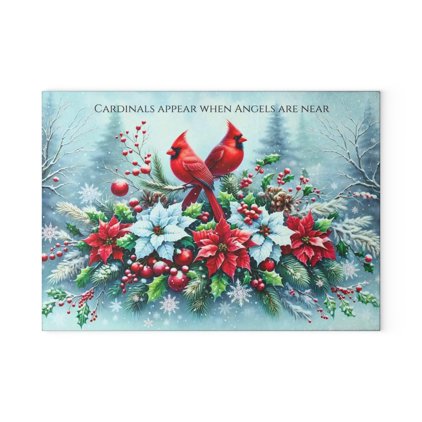 🐦❄️ “Cardinals & Angels” Glass Cutting Board – Cozy Winter Comfort for Your Kitchen