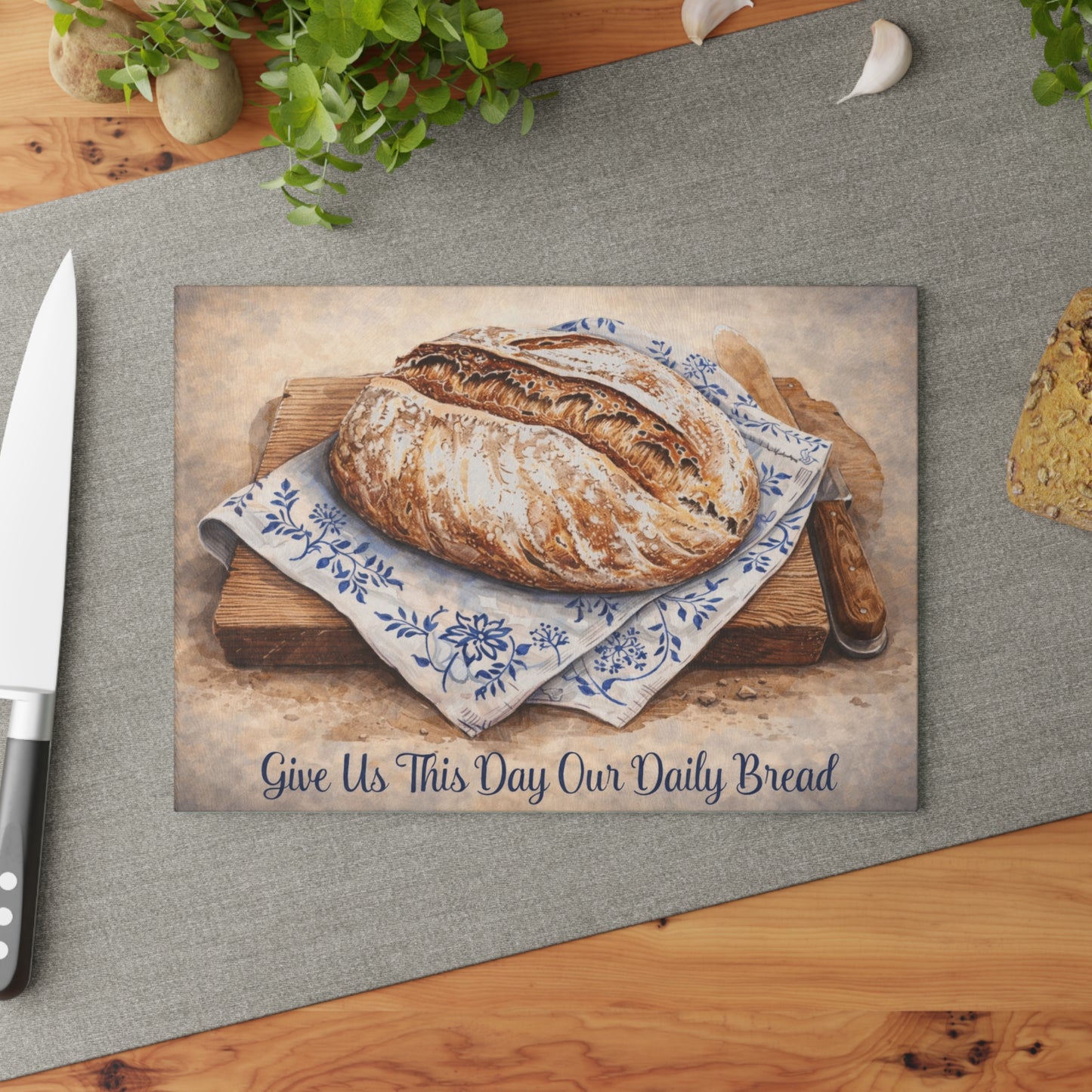 Give Us This Day Glass Cutting Board – Rustic Bread Artwork with Faith-Inspired Message