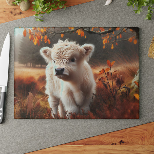 🐮🍁 Autumn White Calf Cutting Board – Cozy Highland Charm for Your Fall Kitchen