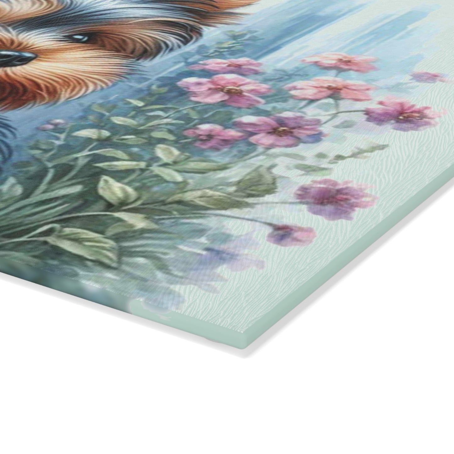 🐾🌸 “Cottage Yorkie Peek” Tempered Glass Board – Sweet Pup & Floral Charm