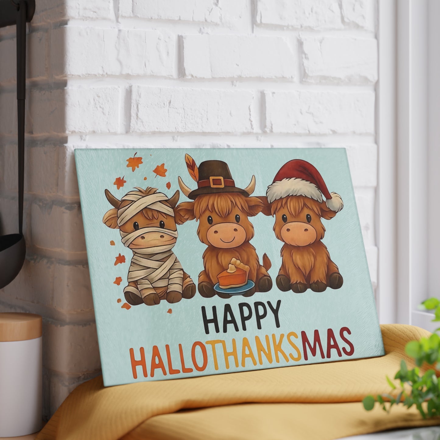 🎃🦃🎄 Happy Hallothanksmas Highland Cow Cutting Board – Festive Multi-Holiday Kitchen Décor 🍁🥧✨