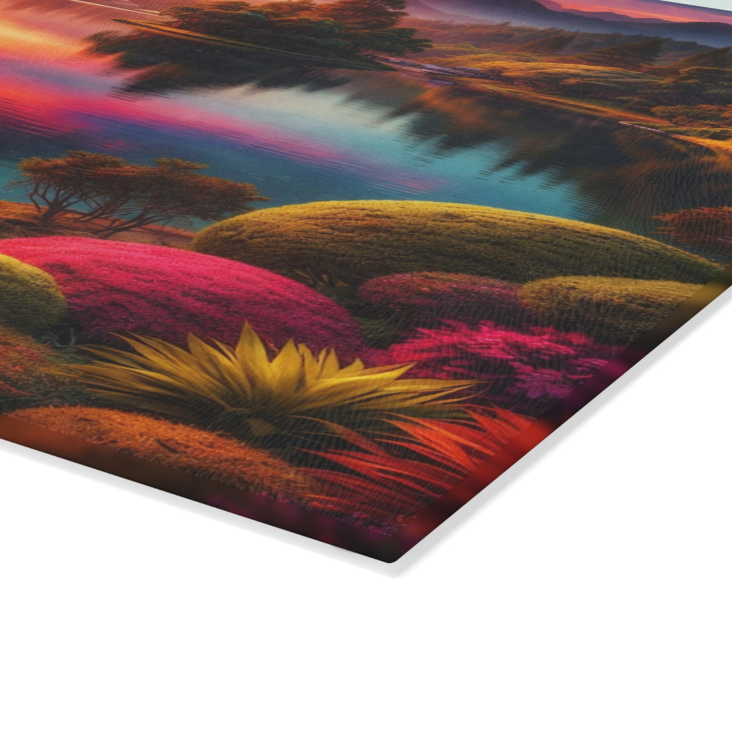 Sunset Garden Lake Glass Cutting Board – Vibrant Nature Landscape Kitchen Art