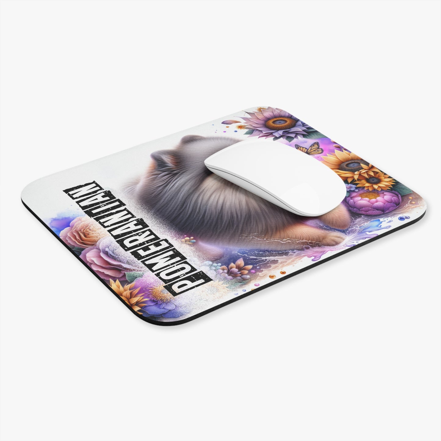 🖱️🦊🌷 Pomeranian Mouse Pad – Fluffy Pom with Sunflowers & Pastel Florals