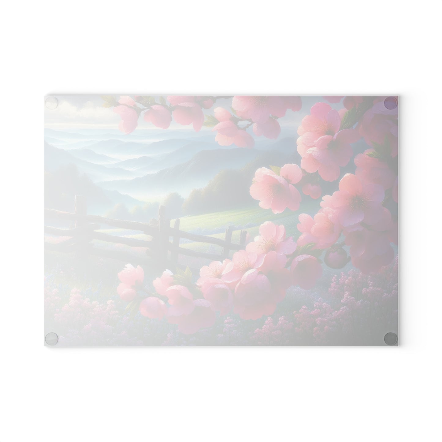 Cherry Blossom Mountain Meadow Glass Cutting Board – Spring Floral Landscape Kitchen Display