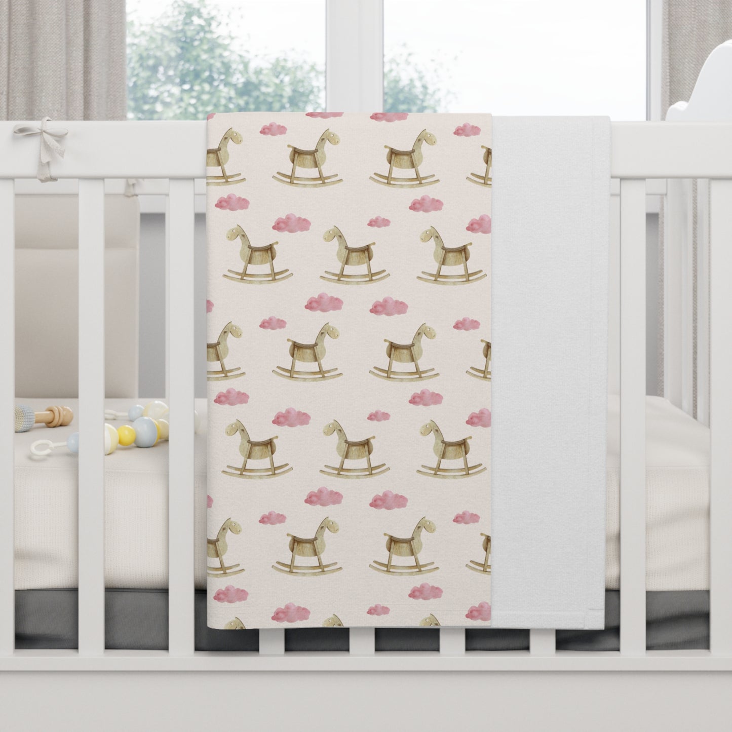 🩷 Rocking Horse & Pink Clouds Velveteen Plush Blanket – Soft Cream (Baby)