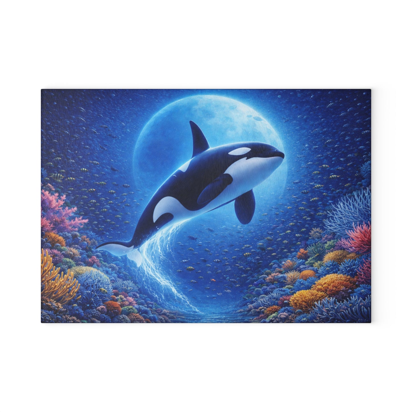 Moonlit Orca Glass Cutting Board – Majestic Ocean Night Artwork