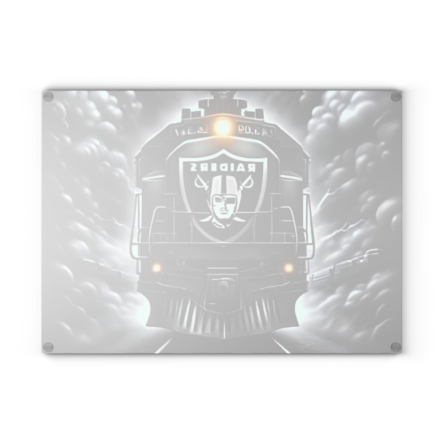Silver & Black Express Glass Cutting Board – Sleek Train Art for Bold, Modern Kitchens