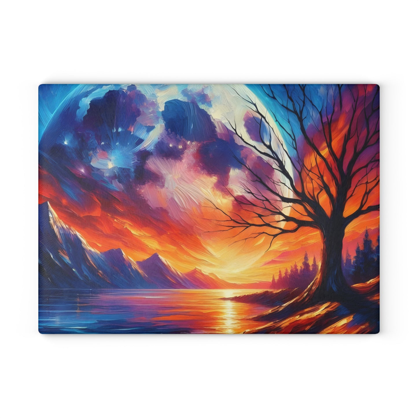 🌙🔥 Celestial Sunset Glow Cutting Board – Vibrant Sky & Tree Reflection Art 🔥🌙