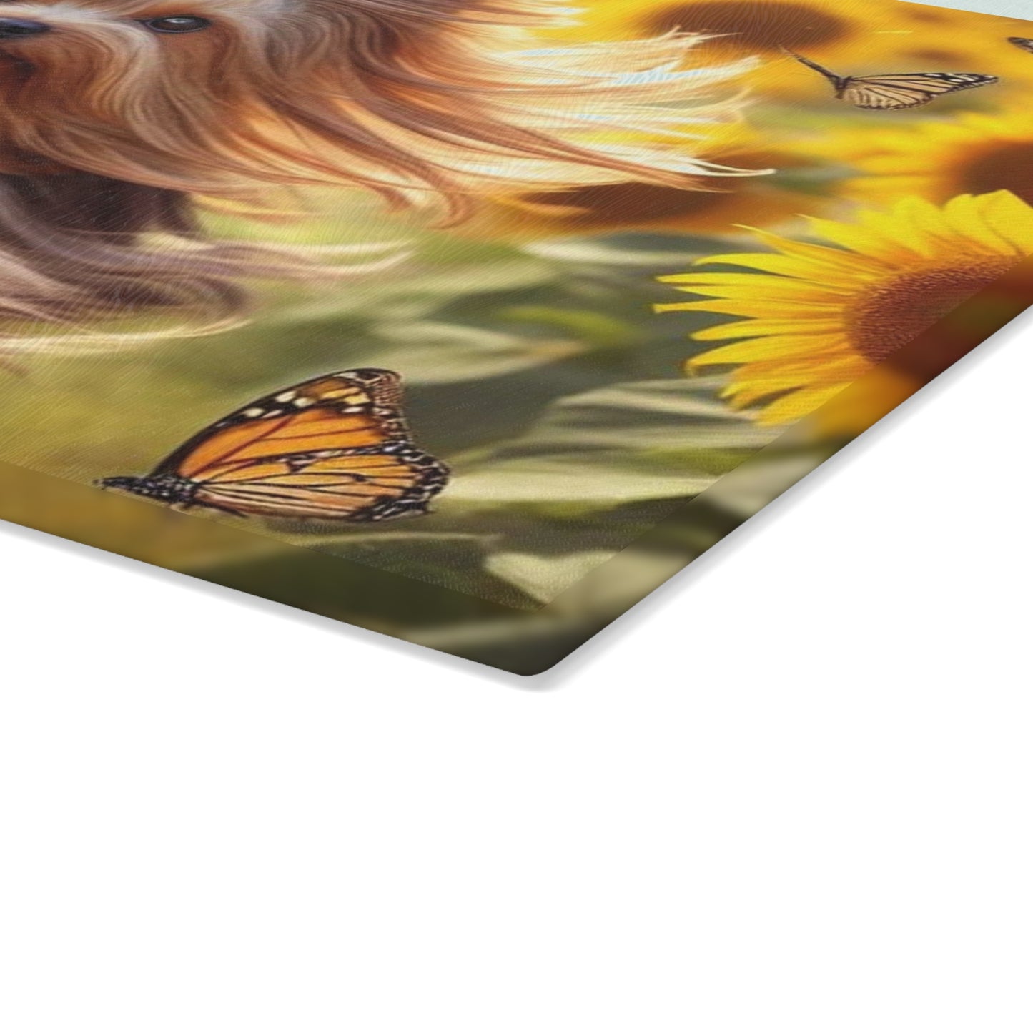 Yorkshire Terrier entre los girasoles – Tabla de cortar de vidrio templado