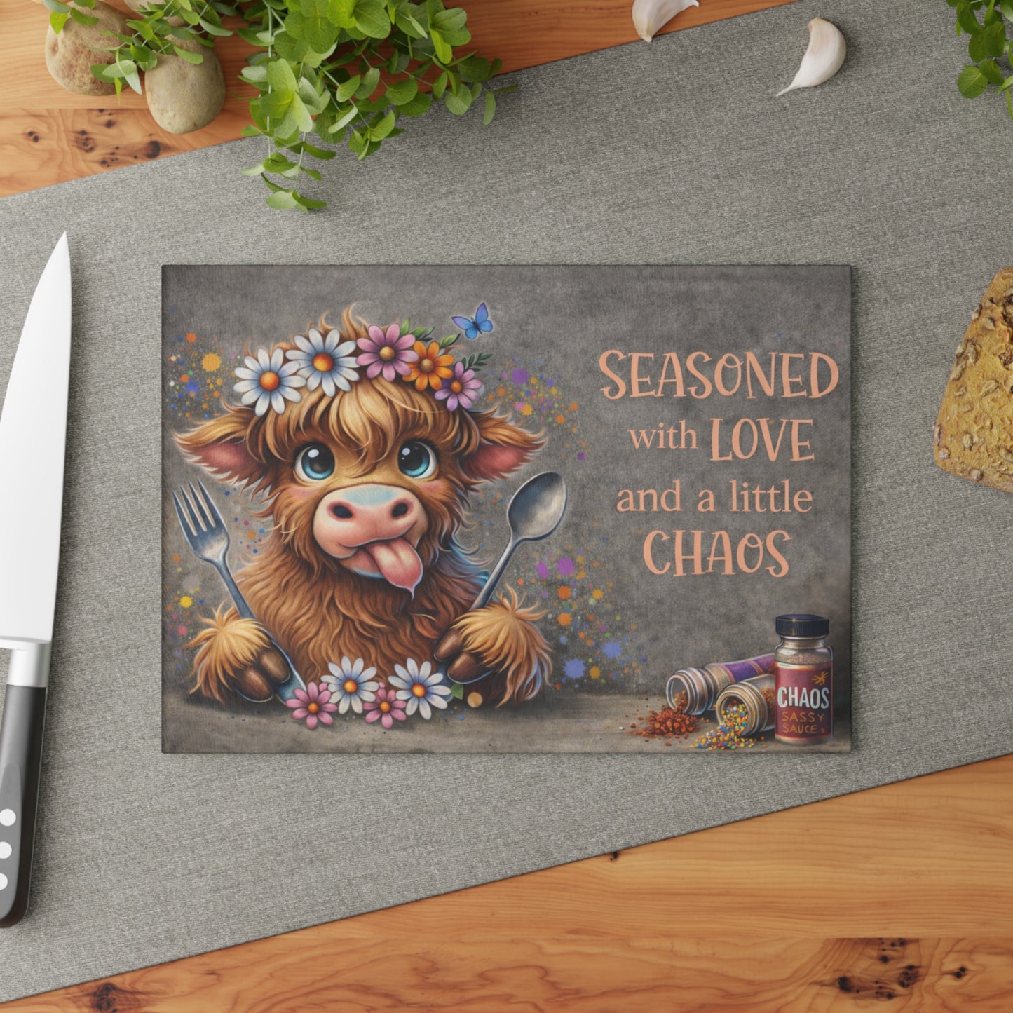 Seasoned With Love and a Little Chaos Glass Cutting Board