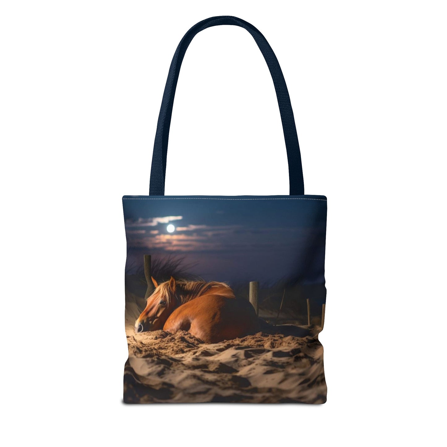 Bolsa de tela "Caballo durmiendo en la playa bajo la luz de la luna": una escapada serena a cada paso