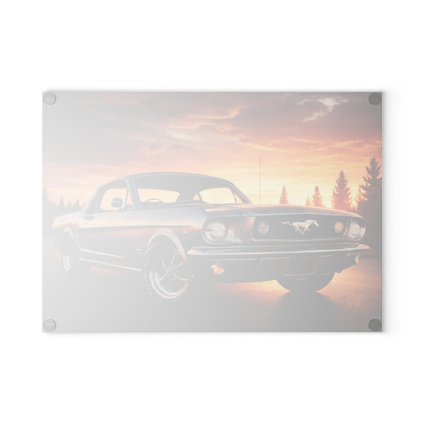 Classic Muscle Car Sunset Glass Cutting Board – Vintage American Auto Kitchen Art & Display Board