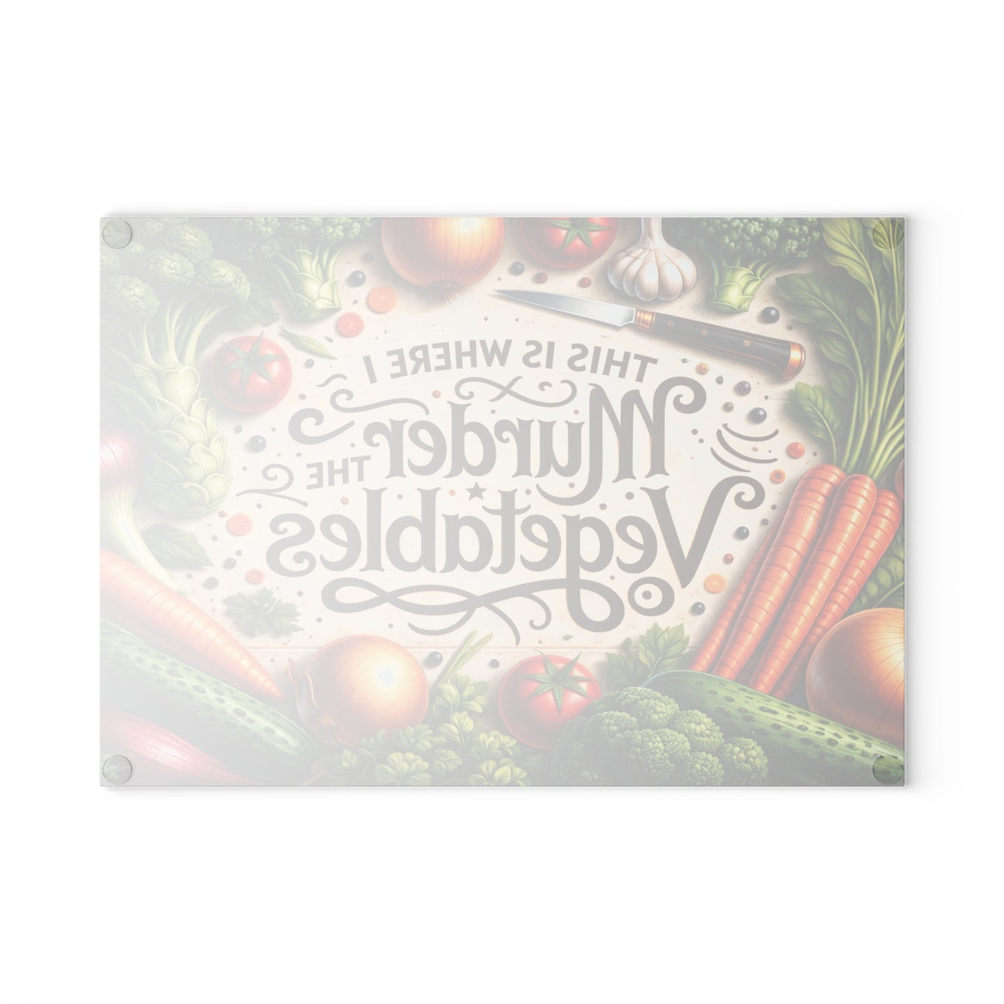This Is Where I Murder the Vegetables Glass Cutting Board – Funny Kitchen Typography with Fresh Produce Art