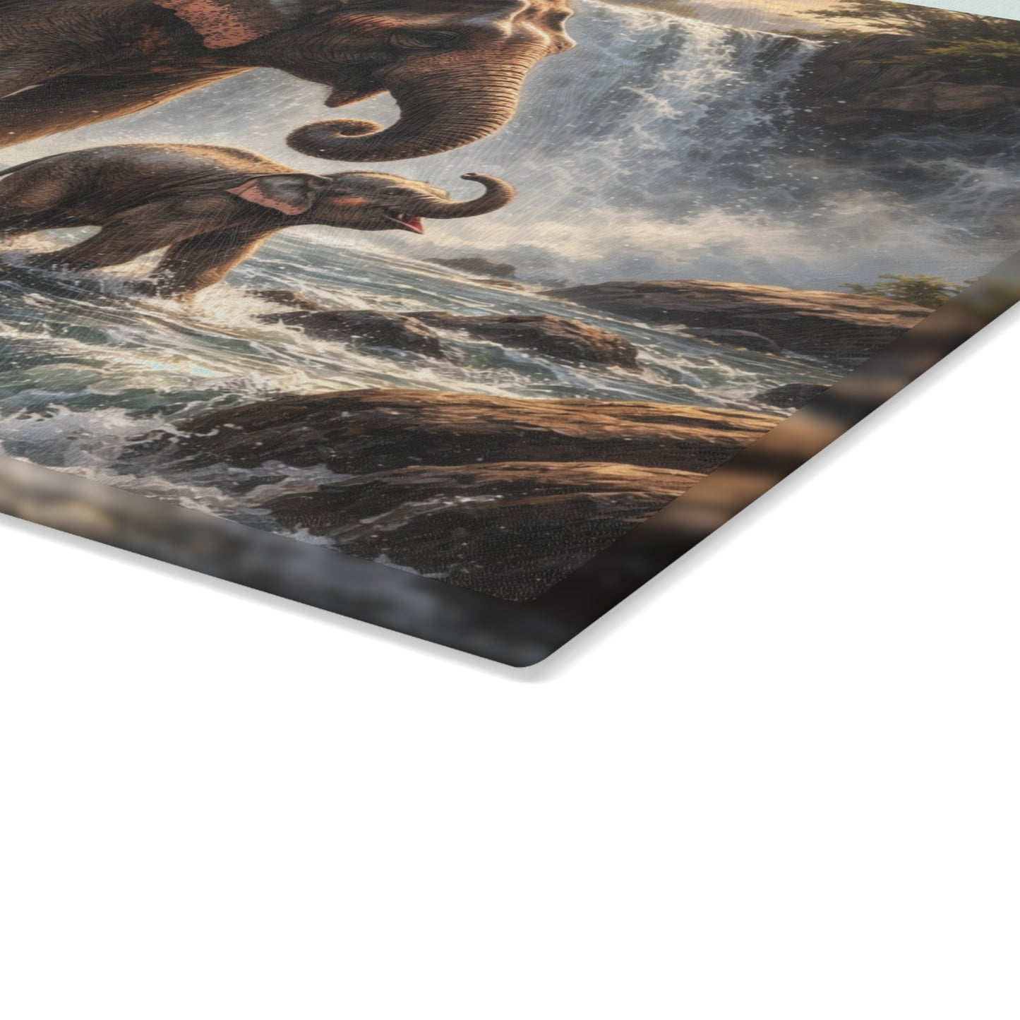 Elephant Waterfall Wildlife Glass Cutting Board – Majestic Nature Scene Kitchen Art