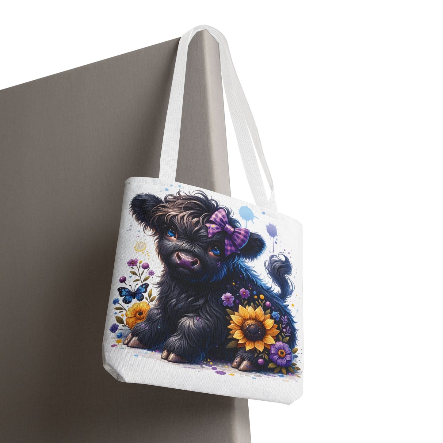 💜 Purple Bow Black Highland Calf Tote Bag – Country Charm with a Pop of Color 🐮👜