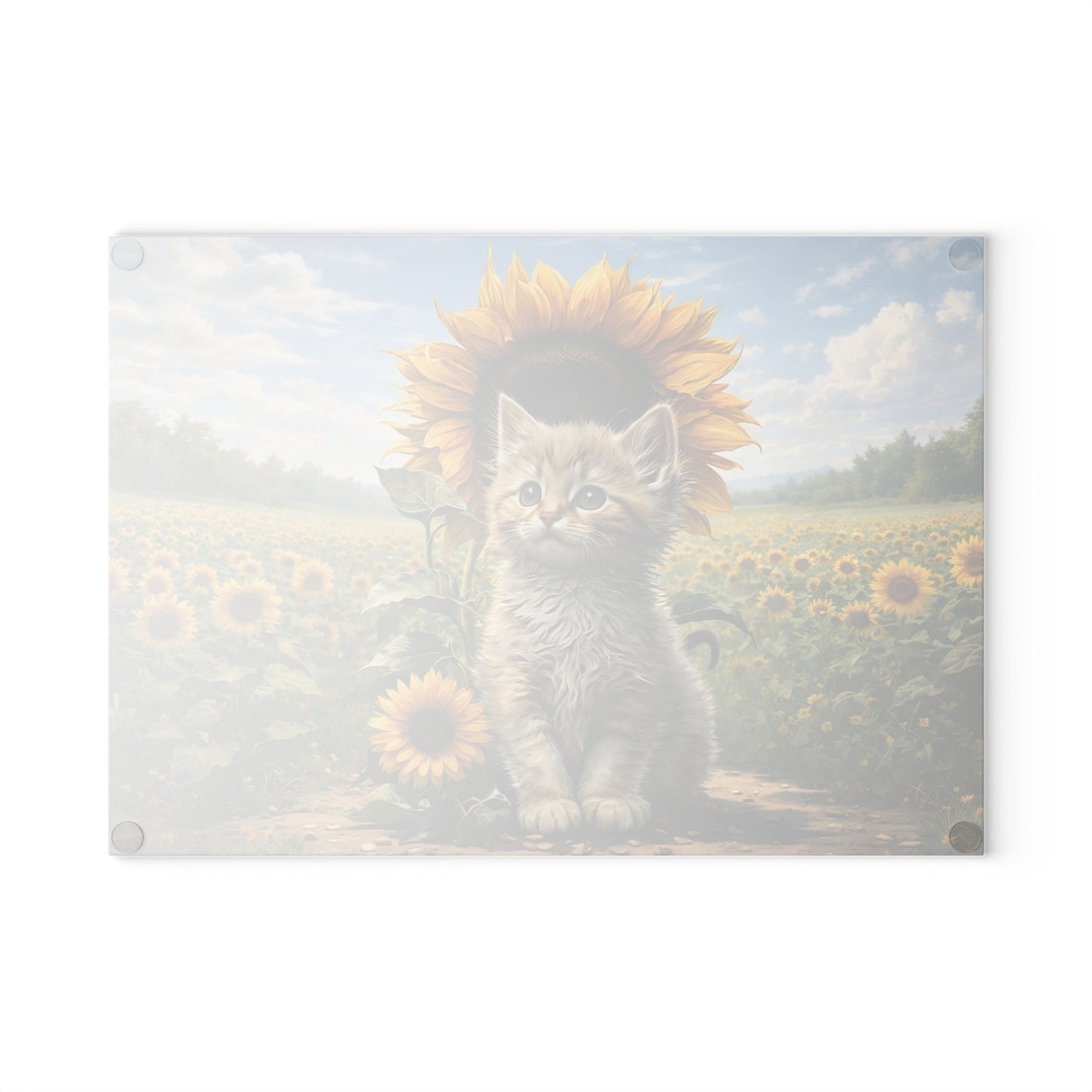 Sunflower Kitten Glass Cutting Board – Whimsical Floral Cat Art Kitchen Decor