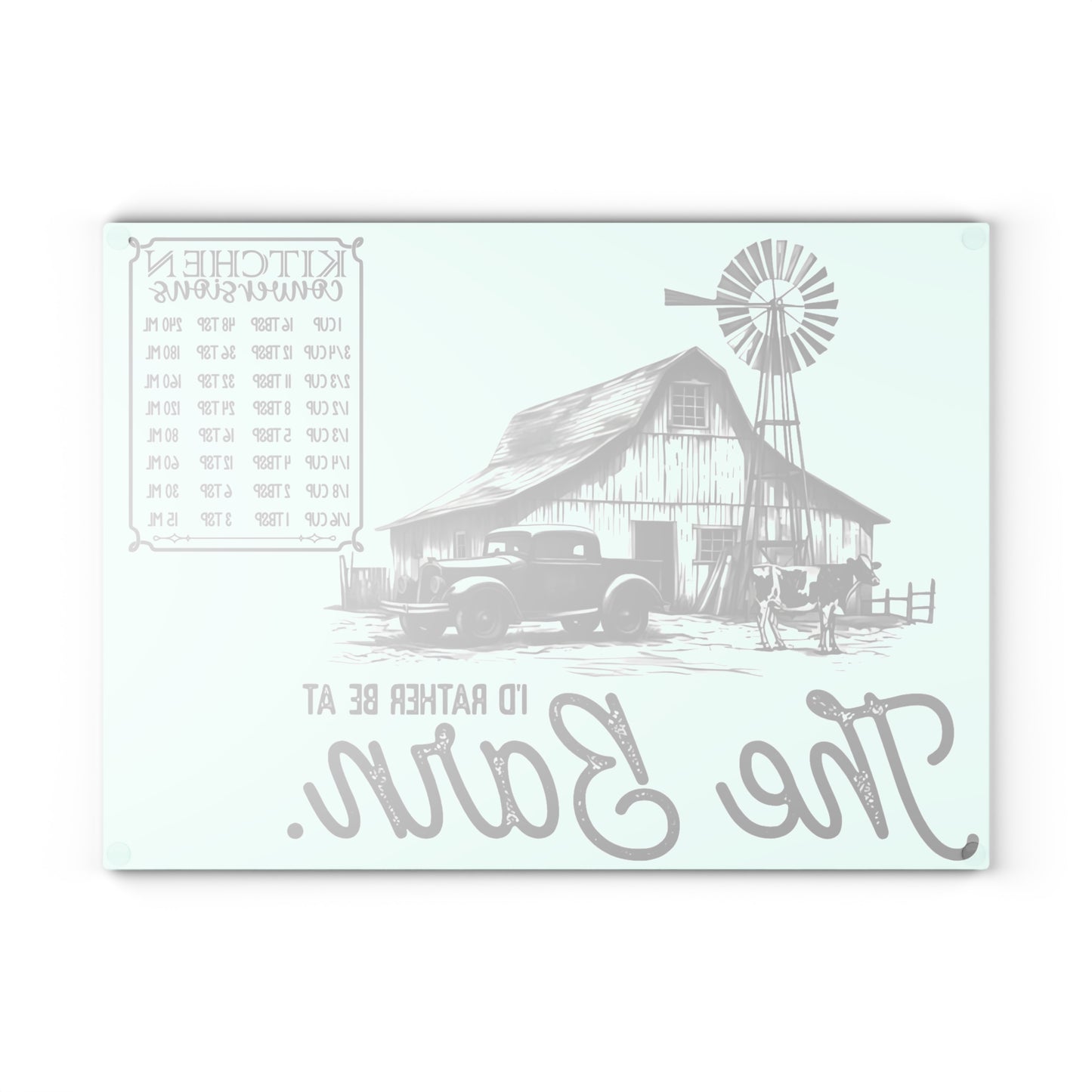 🐄 I’d Rather Be at THE BARN – Vintage Farmhouse Glass Cutting Board