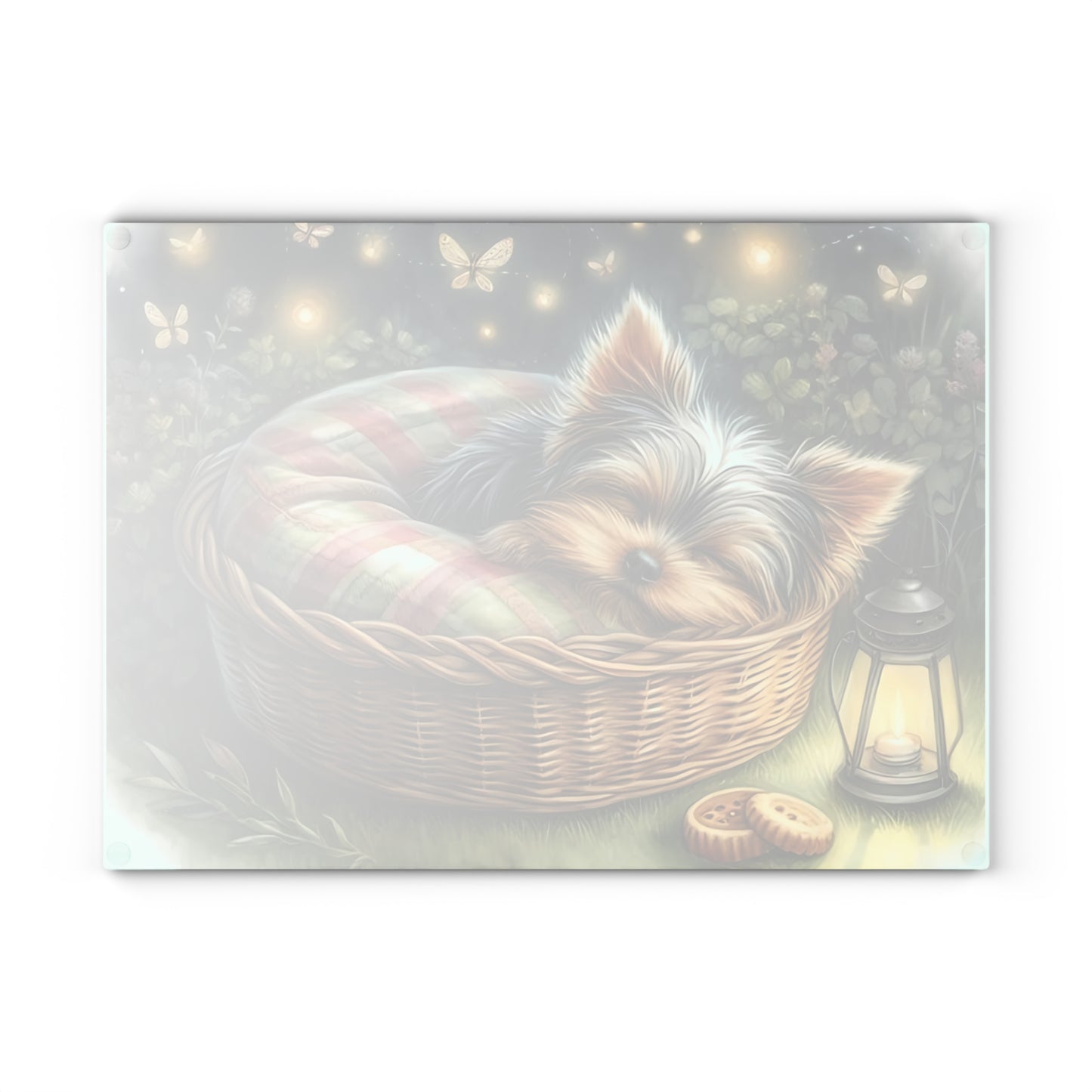 🐾✨ Sleeping Yorkie in Basket Cutting Board – Dreamy Garden Charm for Your Kitchen 🌙🕯️