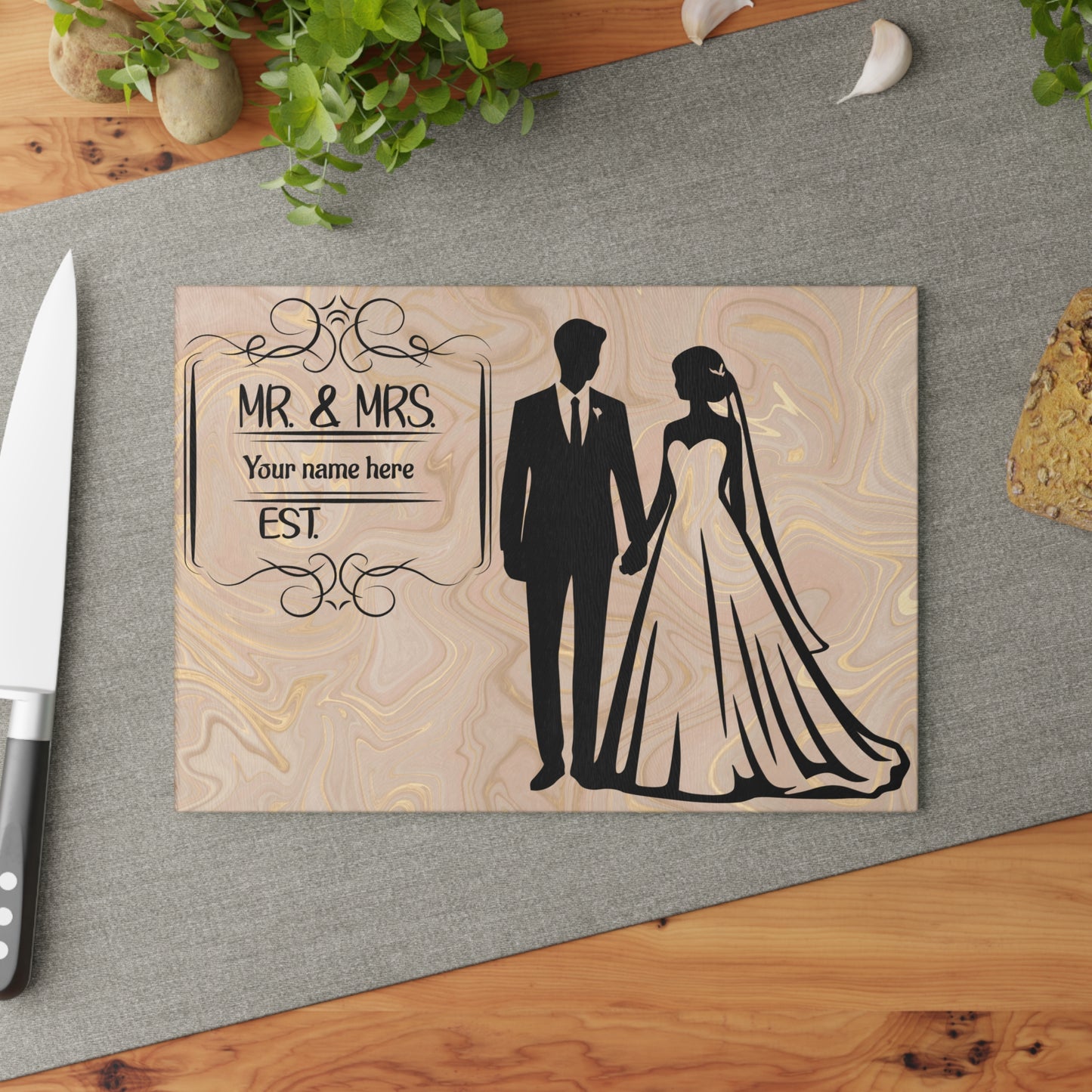 👰‍♀️ Tabla de cortar elegante con aspecto de mármol para Sr. y Sra.: regalo de boda personalizado con apellido y año