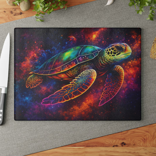 Cosmic Journey Glass Cutting Board – Vibrant Space Turtle Artwork