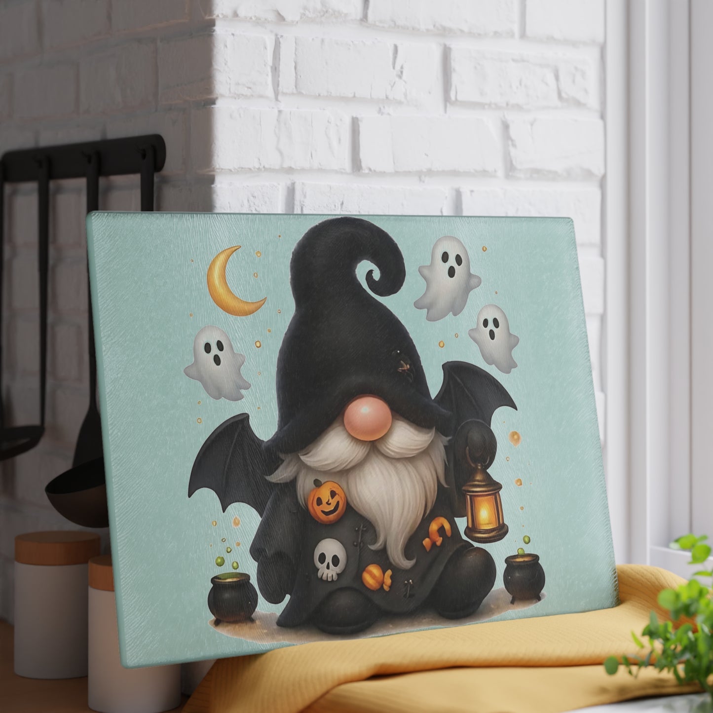🎃🧙‍♂️ Spooky Halloween Gnome Cutting Board – Haunted Kitchen Décor with Ghosts & Lanterns 👻🕯️