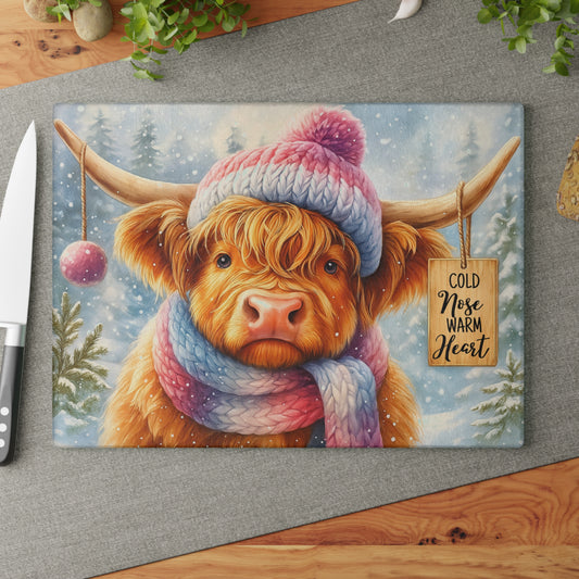 🐮❄️ “Cold Nose, Warm Heart” Tempered Glass Board – Cozy Highland Winter Vibes