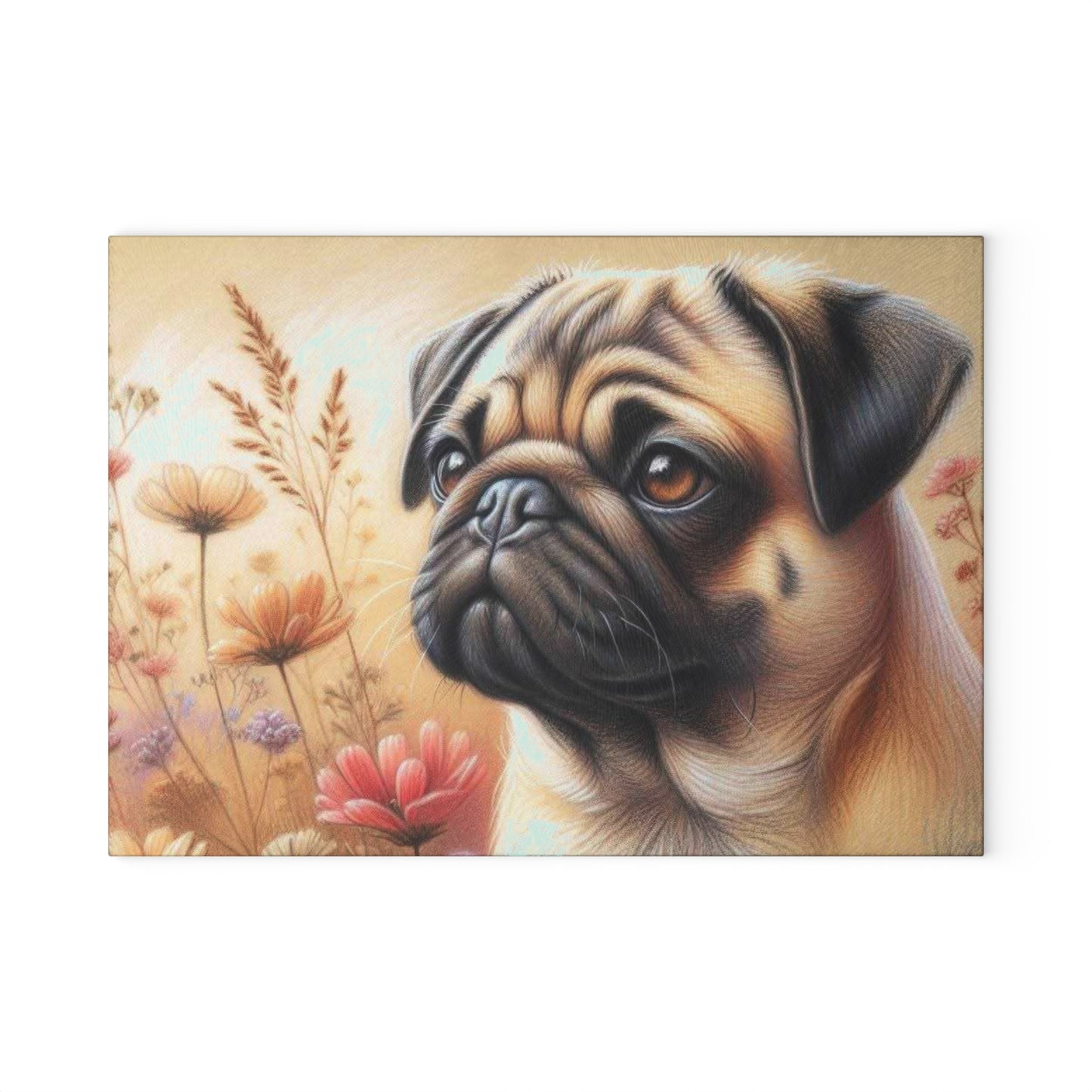 🐾 Pug & Meadow Blooms Cutting Board – Adorable Dog-Themed Kitchen Art 🌸