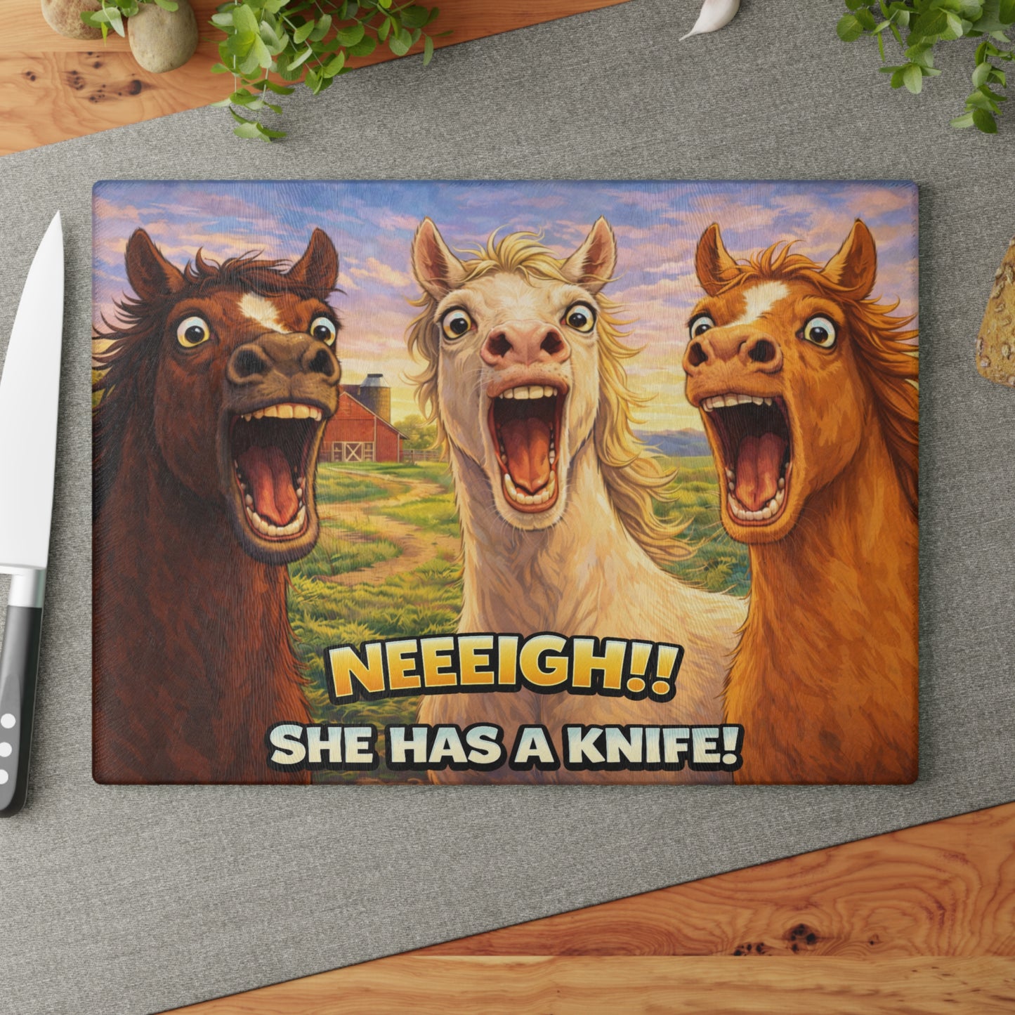Funny Horse Glass Cutting Board – Whimsical Farm Humor Kitchen Display