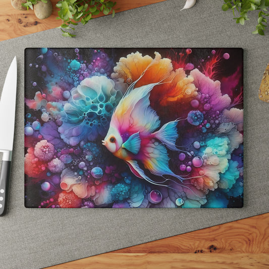 Tabla de cortar de vidrio con diseño de pez fantasía vibrante: Elegancia de arrecife de acuarela para cocinas artísticas