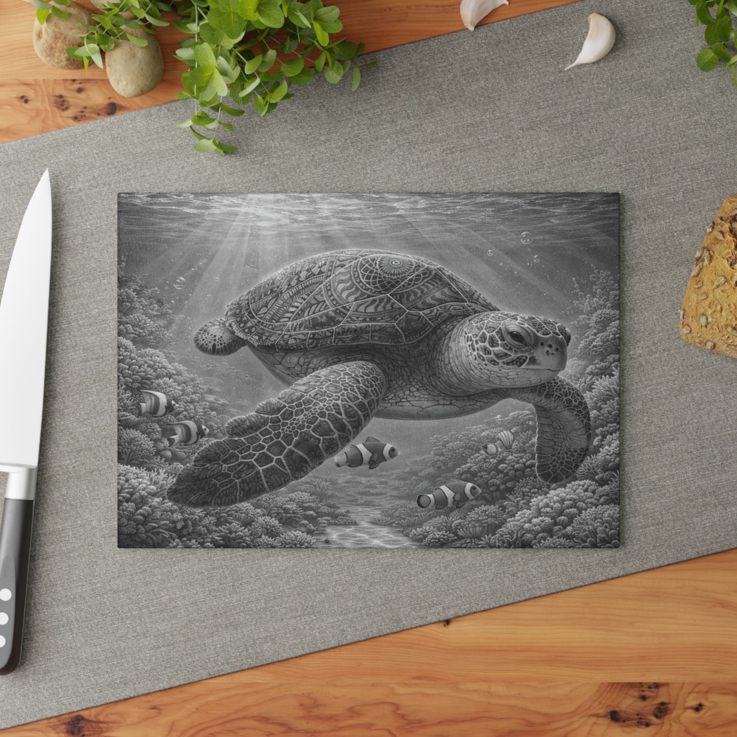 Sacred Depths Sea Turtle Glass Cutting Board – Black & White Ocean Artwork