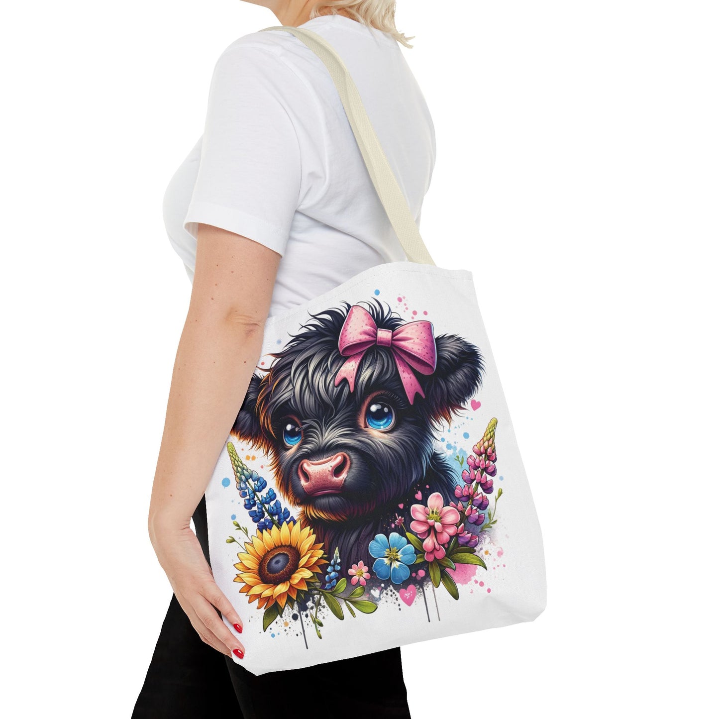 🌸 Black Highland Calf Floral Tote Bag – Sweet Style for Every Age 🐮👜