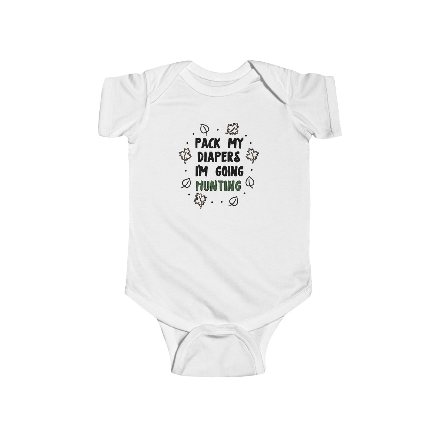 Pack My Diapers I’m Going Hunting Baby Onesie – Cute Outdoor-Themed Bodysuit with Leaf Graphics