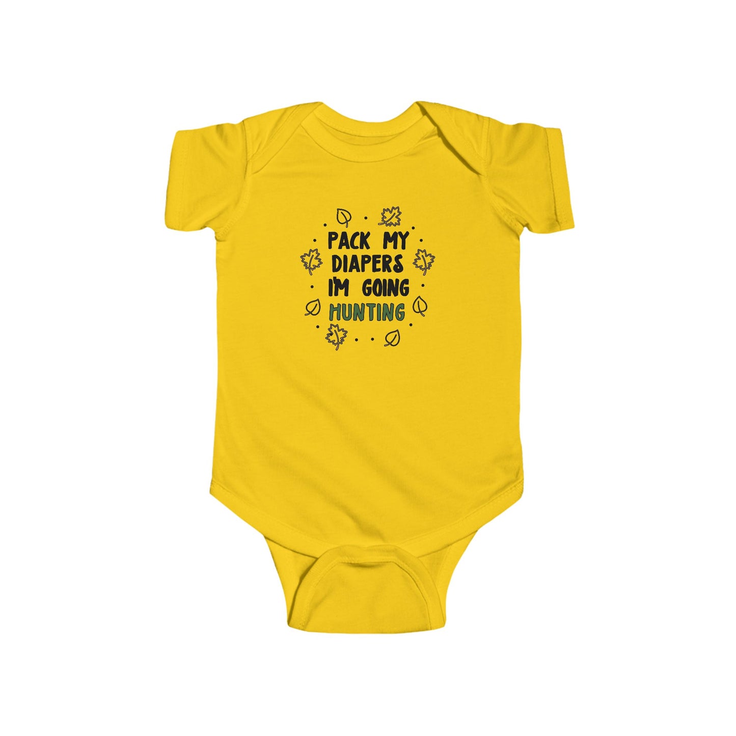 Pack My Diapers I’m Going Hunting Baby Onesie – Cute Outdoor-Themed Bodysuit with Leaf Graphics