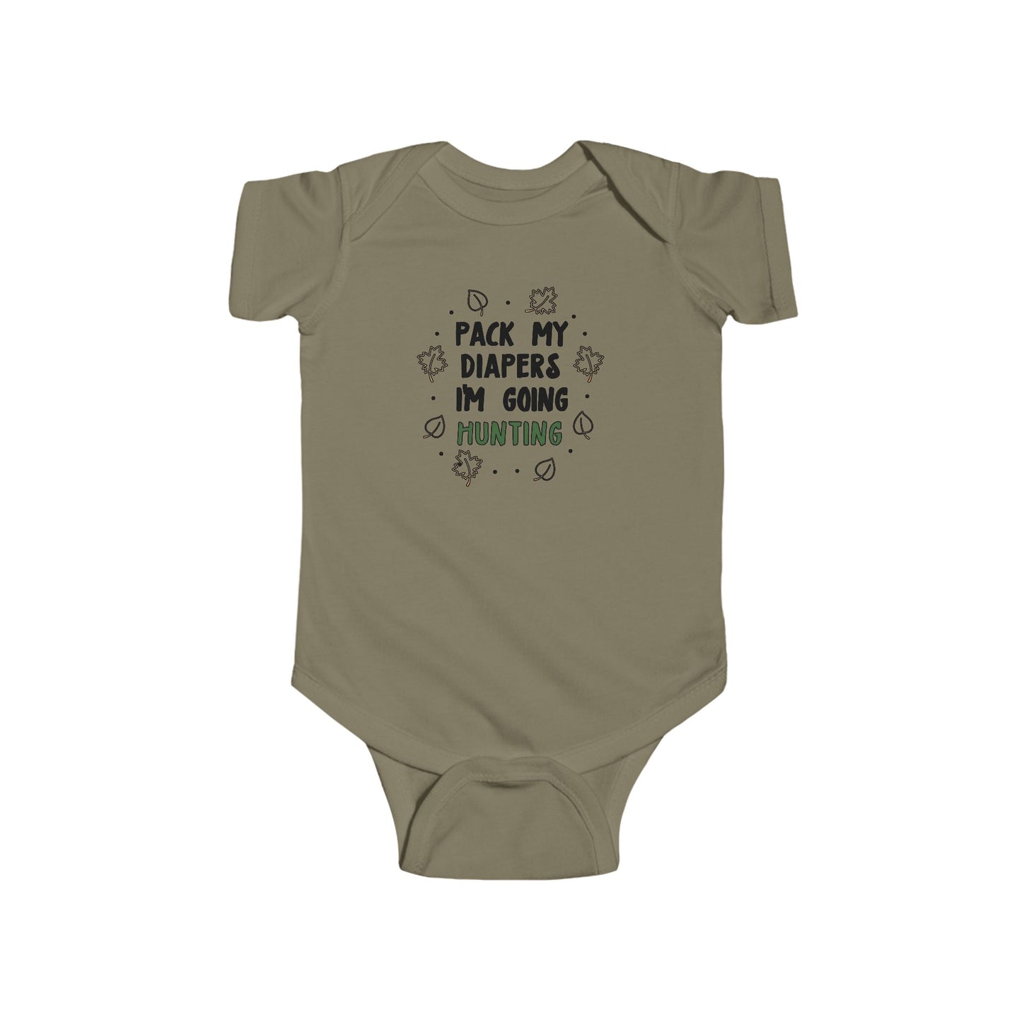 Pack My Diapers I’m Going Hunting Baby Onesie – Cute Outdoor-Themed Bodysuit with Leaf Graphics
