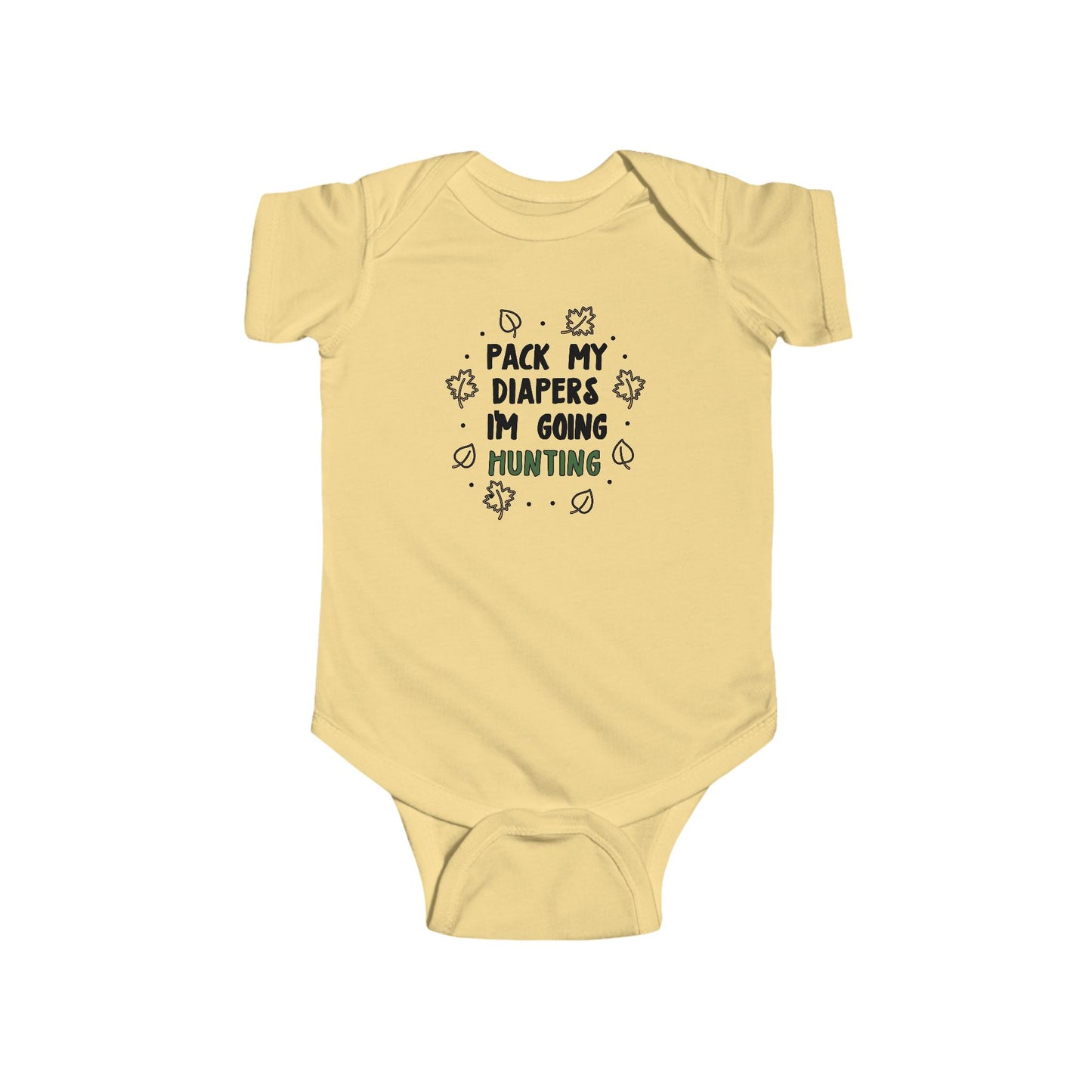 Pack My Diapers I’m Going Hunting Baby Onesie – Cute Outdoor-Themed Bodysuit with Leaf Graphics