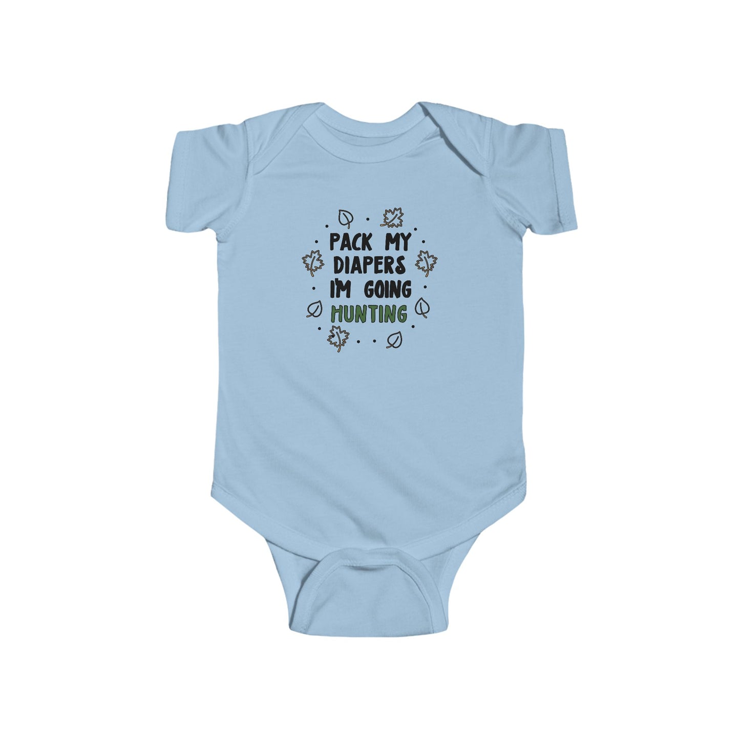Pack My Diapers I’m Going Hunting Baby Onesie – Cute Outdoor-Themed Bodysuit with Leaf Graphics