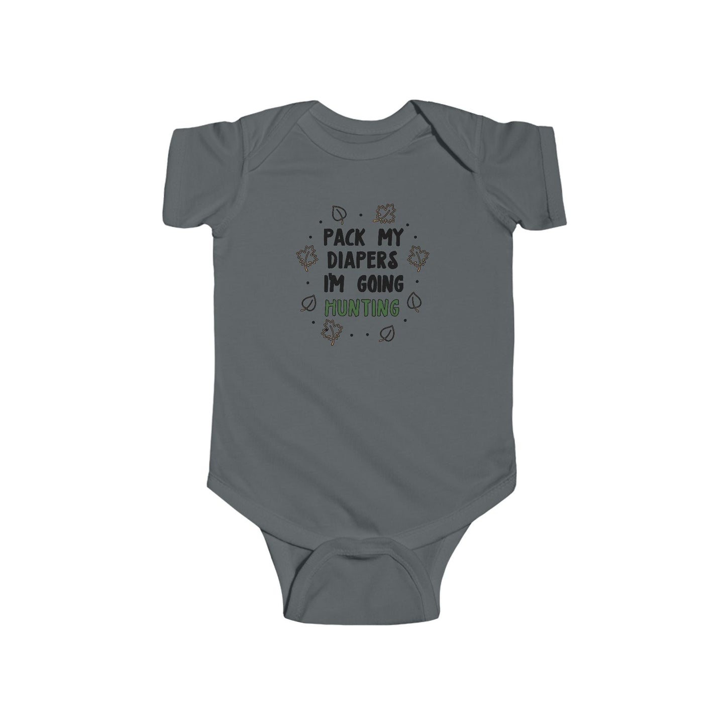Pack My Diapers I’m Going Hunting Baby Onesie – Cute Outdoor-Themed Bodysuit with Leaf Graphics