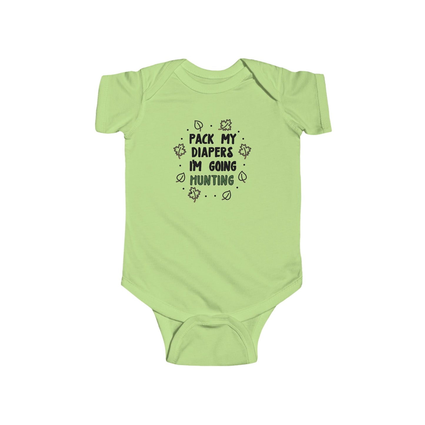 Pack My Diapers I’m Going Hunting Baby Onesie – Cute Outdoor-Themed Bodysuit with Leaf Graphics
