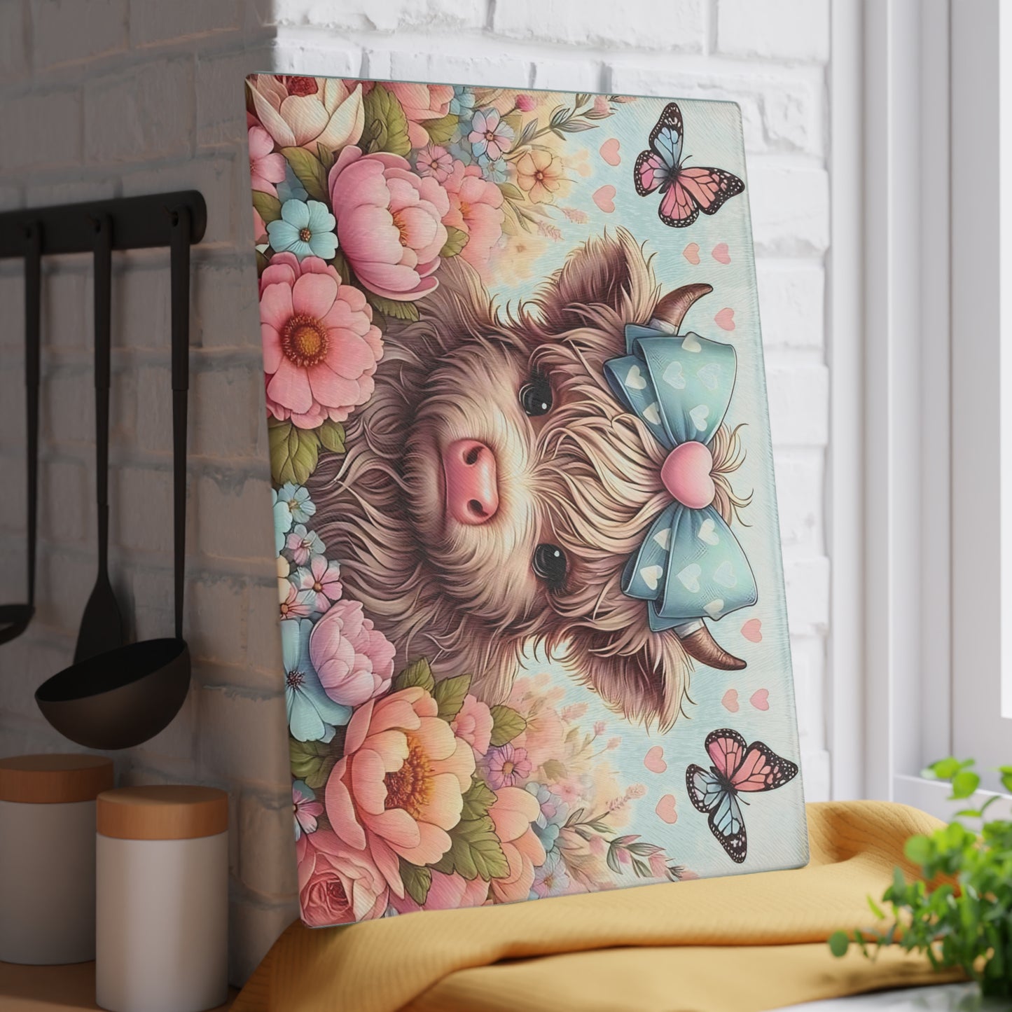 Highland Cow Glass Cutting Board with Bow, Flowers & Butterflies