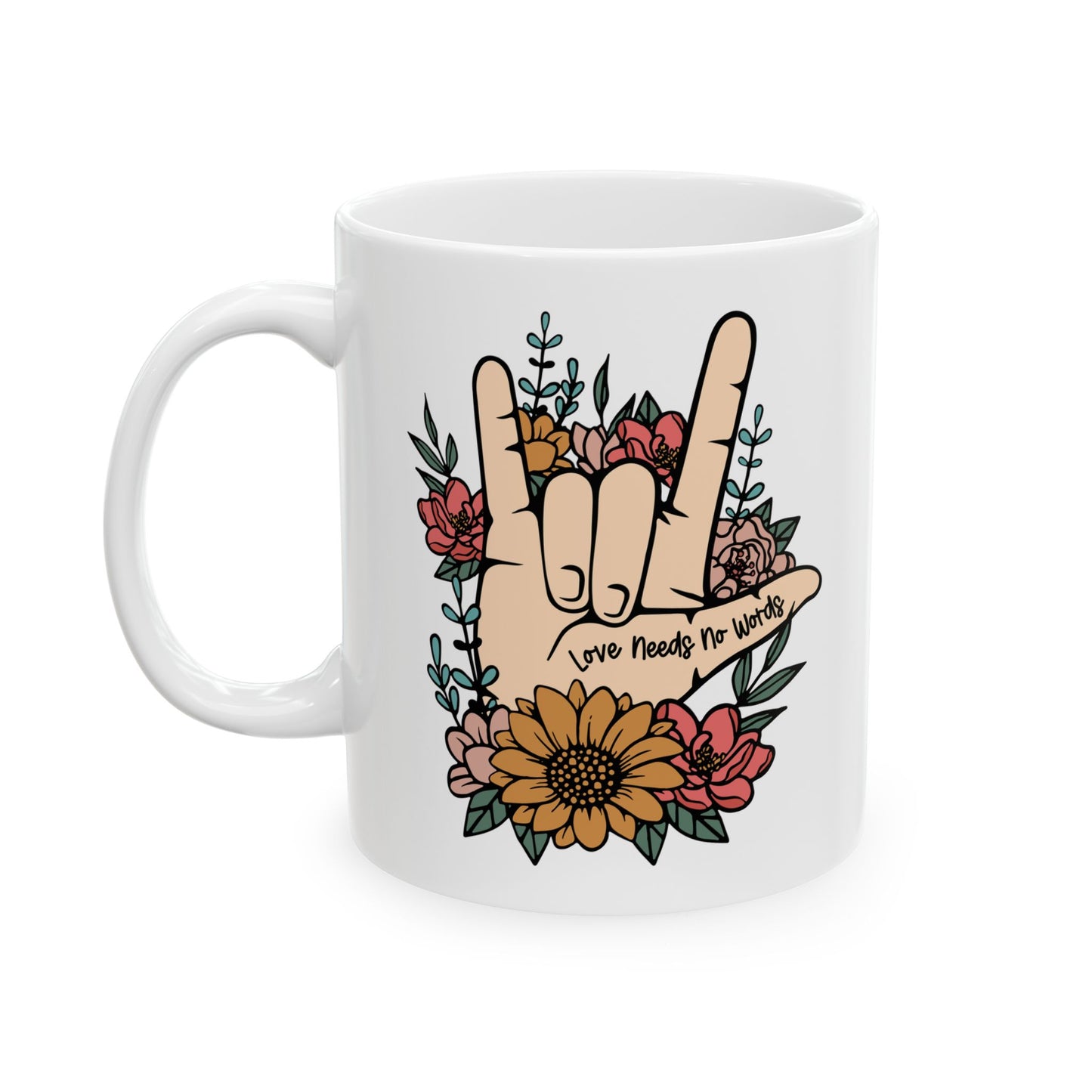 💖 "El amor no necesita palabras" – Taza de mano en lenguaje de señas con un hermoso diseño floral 🌸