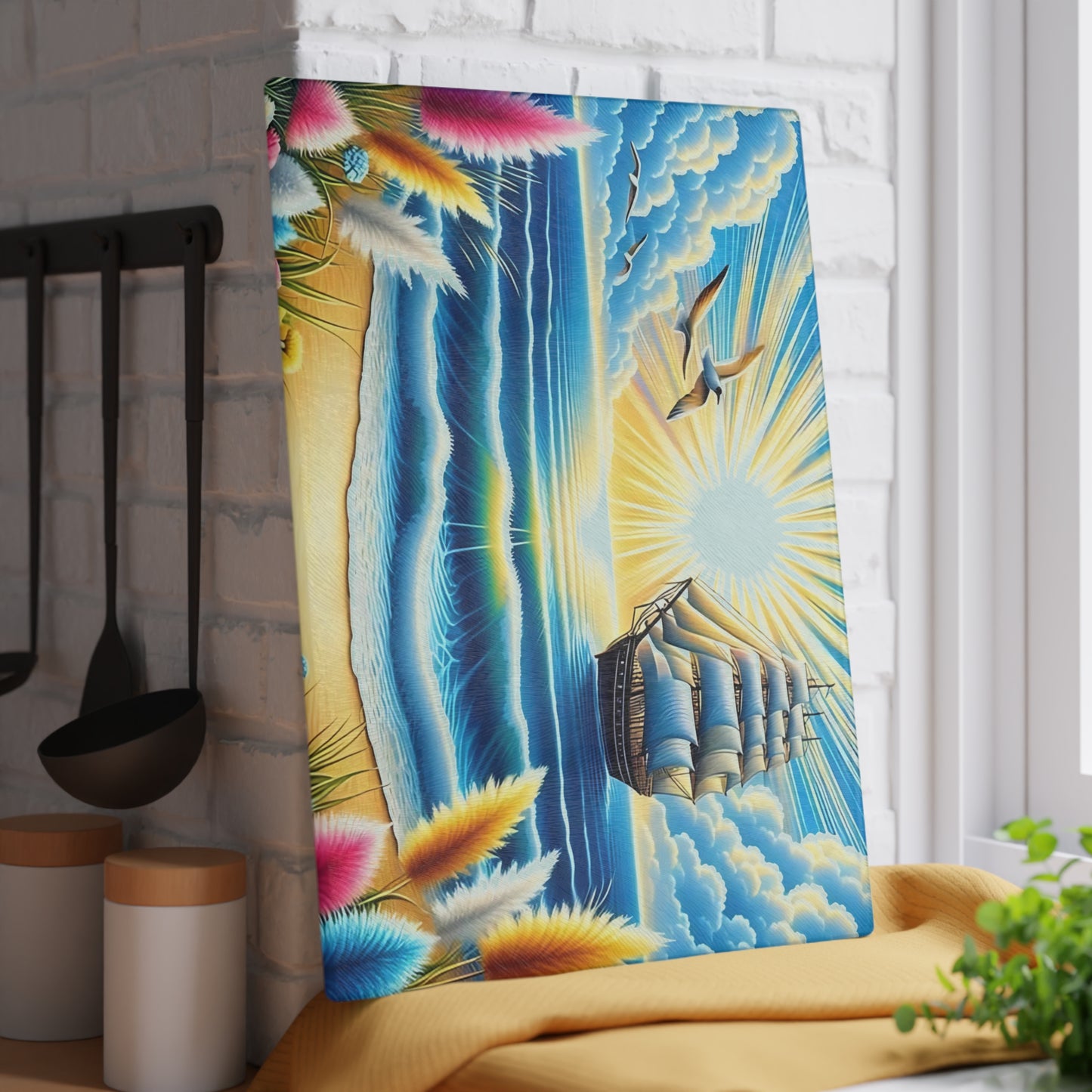 Tabla de cortar con un vibrante atardecer en el océano: decoración náutica de vidrio para cocinas costeras