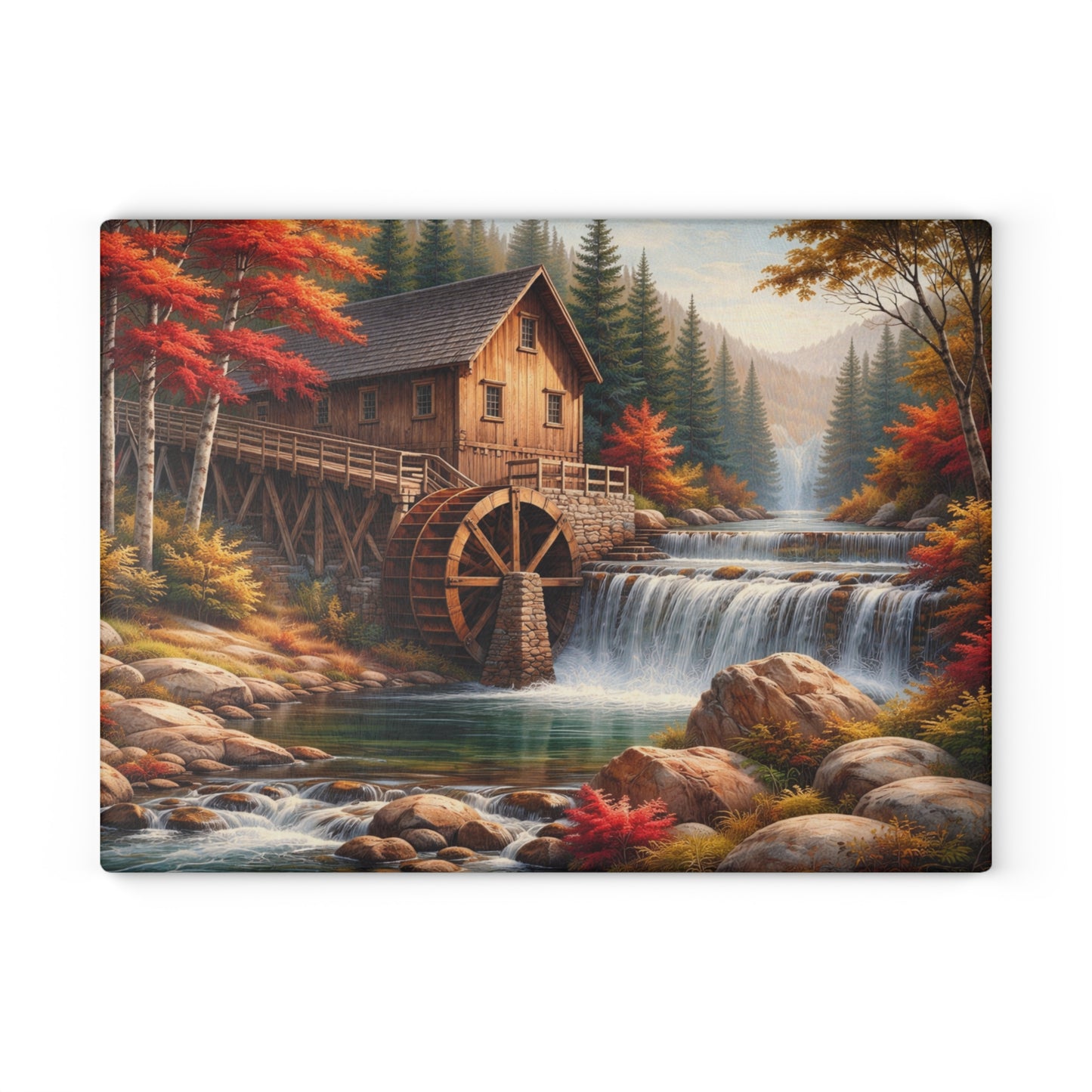 Autumn Watermill Landscape Glass Cutting Board – Rustic Mill and Waterfall Kitchen Art