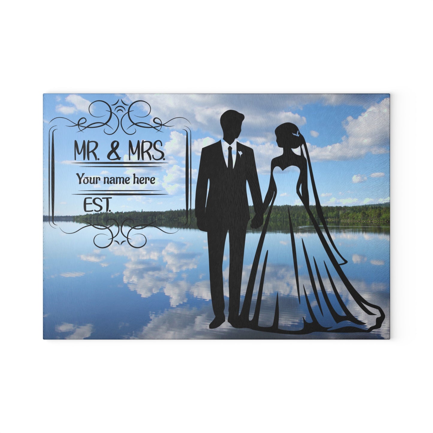 Tabla de cortar "Reflejos del Sr. y la Sra. en el lago": regalo de boda personalizado con un encanto inspirado en la naturaleza