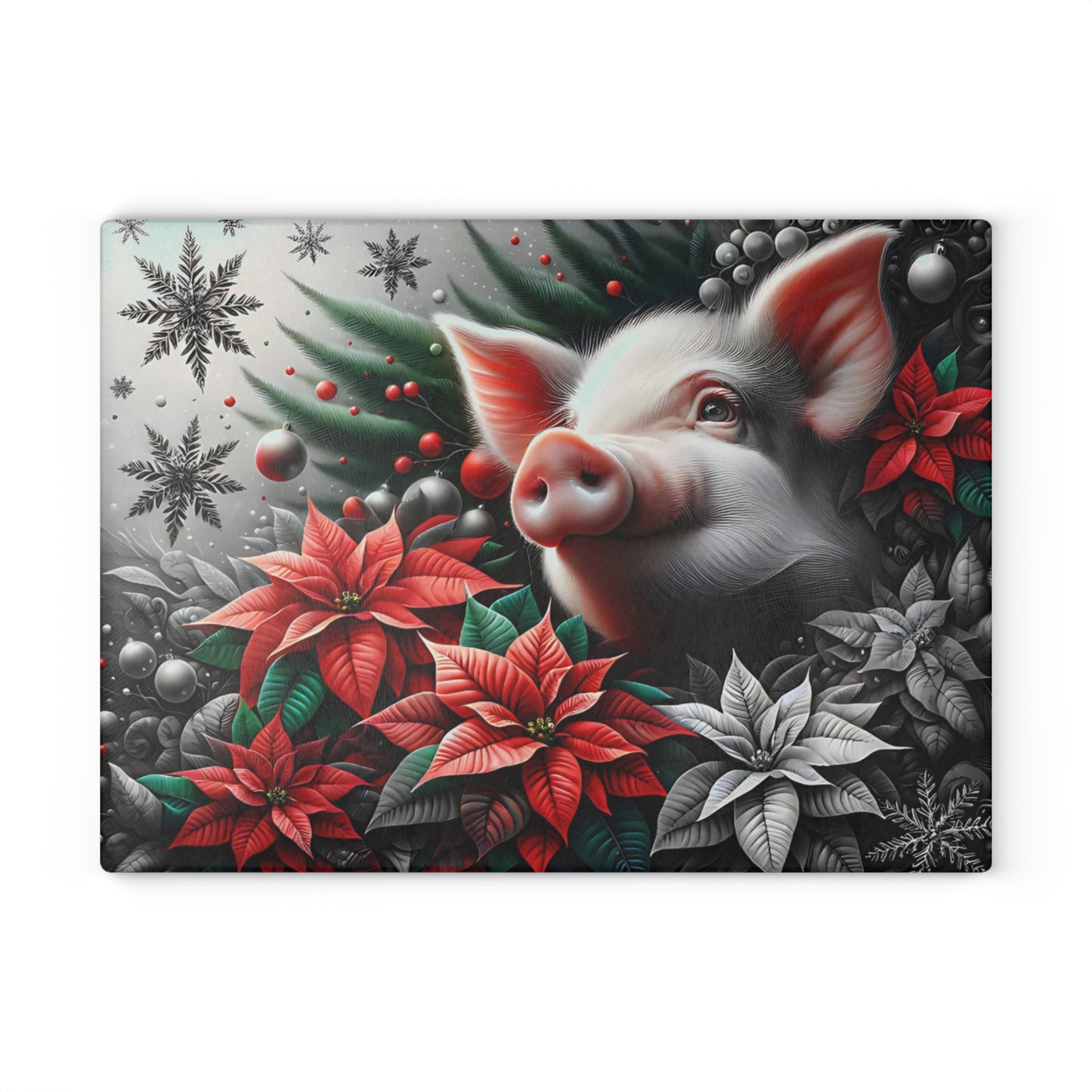 🐷✨ “Holiday Poinsettia Pig” Glass Cutting Board – Festive Farmhouse Cheer for Your Kitchen